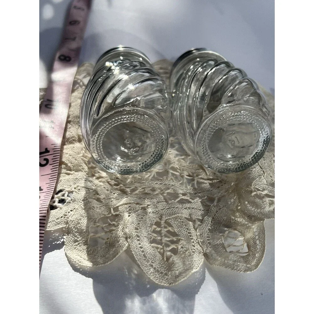 Vintage Clear Glass Swirl Design Silver Lid Aluminum Salt and Pepper Shakers